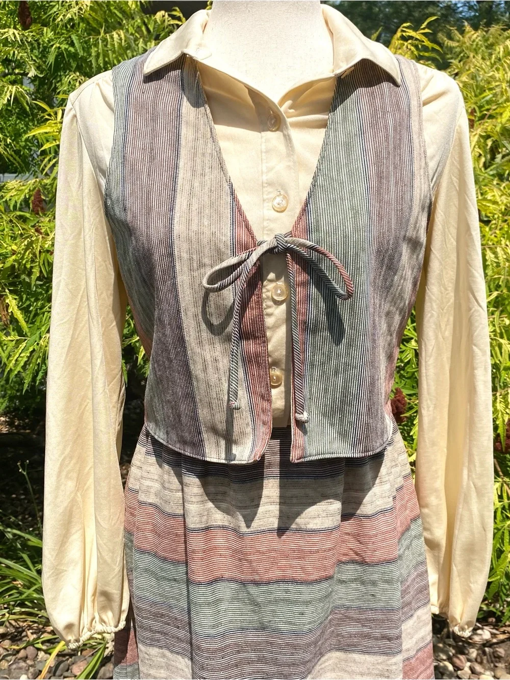 Vintage 70’s Kay Windsor Earth Tone Striped Dress and Vest Outfit Medium Large